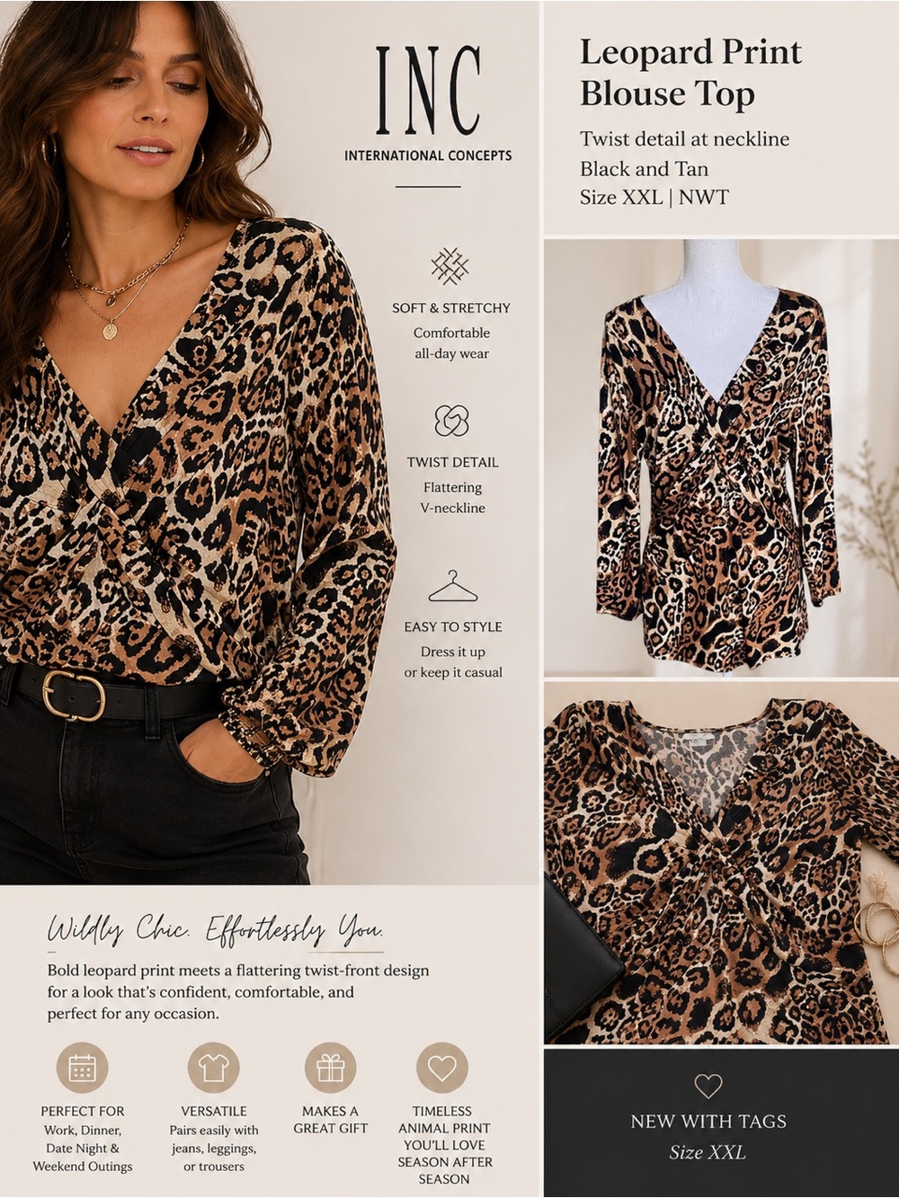 INC Leopard Print Blouse Top twist detail at neckline Black and Tan size XL NWT